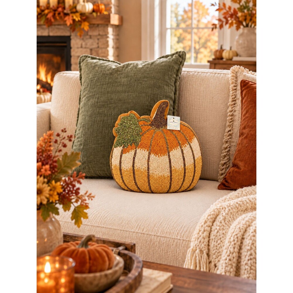 Olive & Thyme Beaded Fall Pumpkin Shaped Accent Pillow Thanksgiving Decor